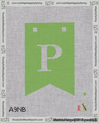 A taped needlepoint canvas with the design: Banner 18 mesh count Forked P White on Light Green.