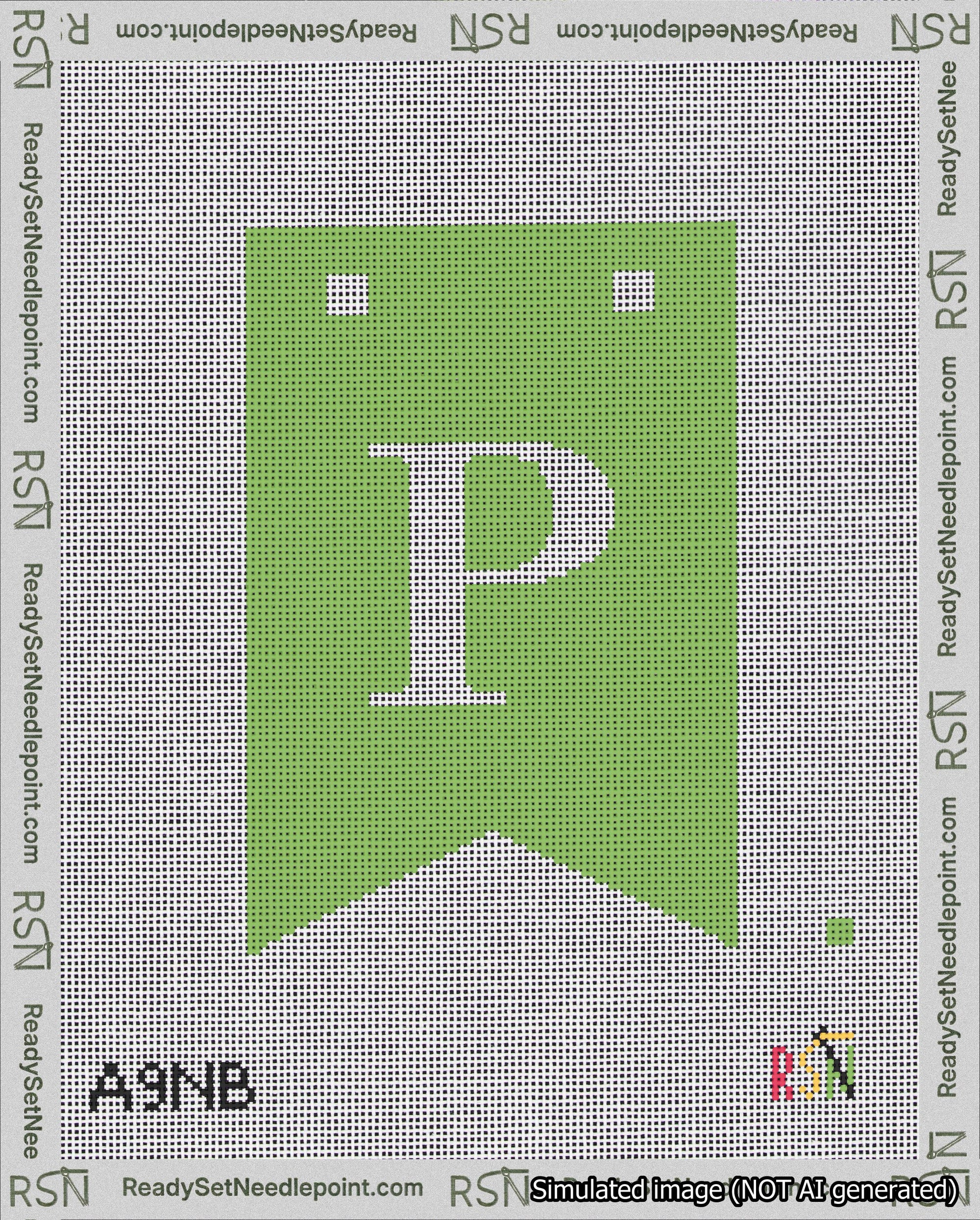 A taped needlepoint canvas with the design: Banner 18 mesh count Forked P White on Light Green.