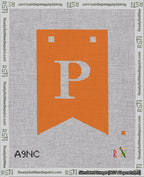 A taped needlepoint canvas with the design: Banner 18 mesh count Forked P White on Orange.