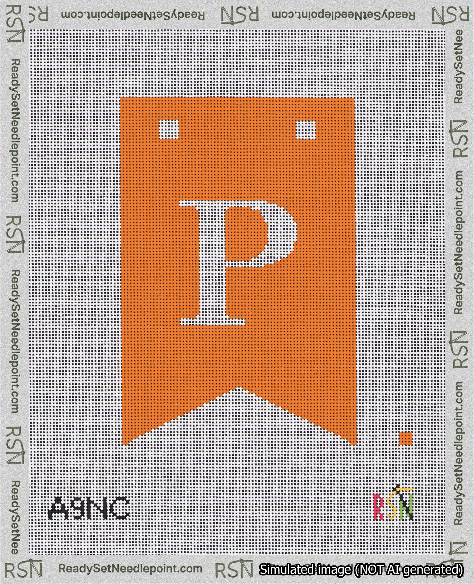 A taped needlepoint canvas with the design: Banner 18 mesh count Forked P White on Orange.