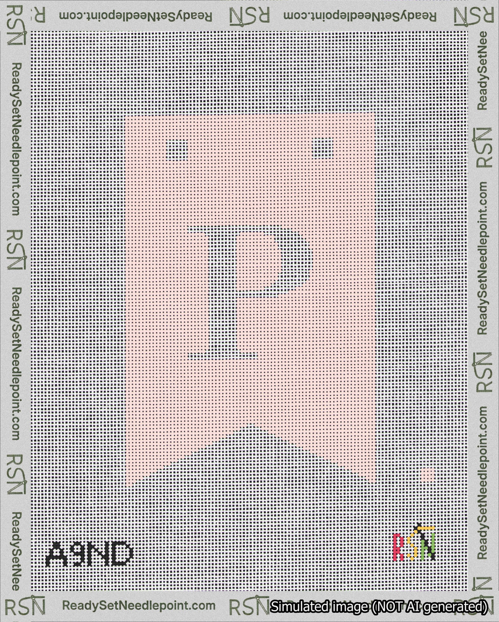 A taped needlepoint canvas with the design: Banner 18 mesh count Forked P White on Pink.