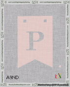 A taped needlepoint canvas with the design: Banner 18 mesh count Forked P White on Pink.