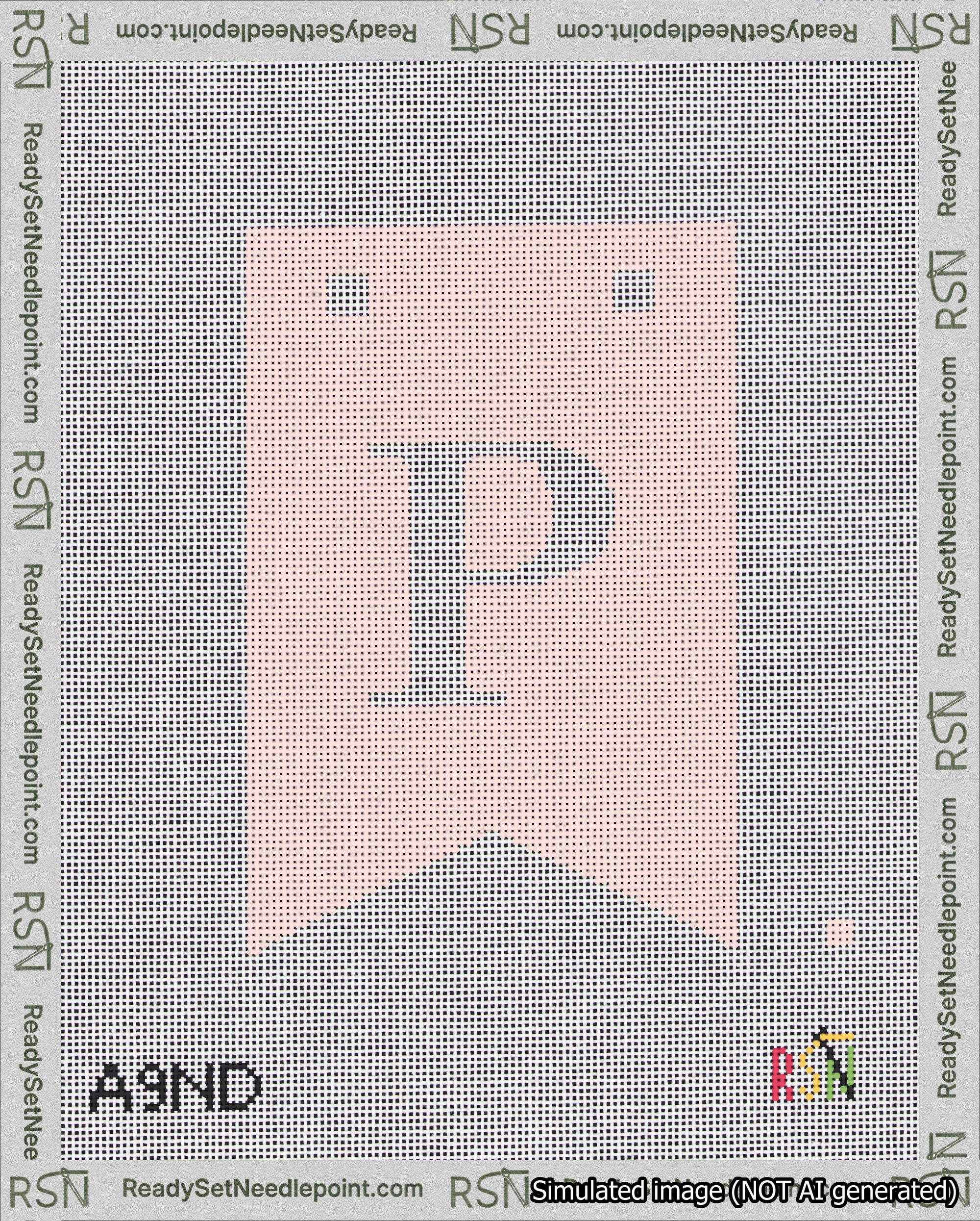 A taped needlepoint canvas with the design: Banner 18 mesh count Forked P White on Pink.