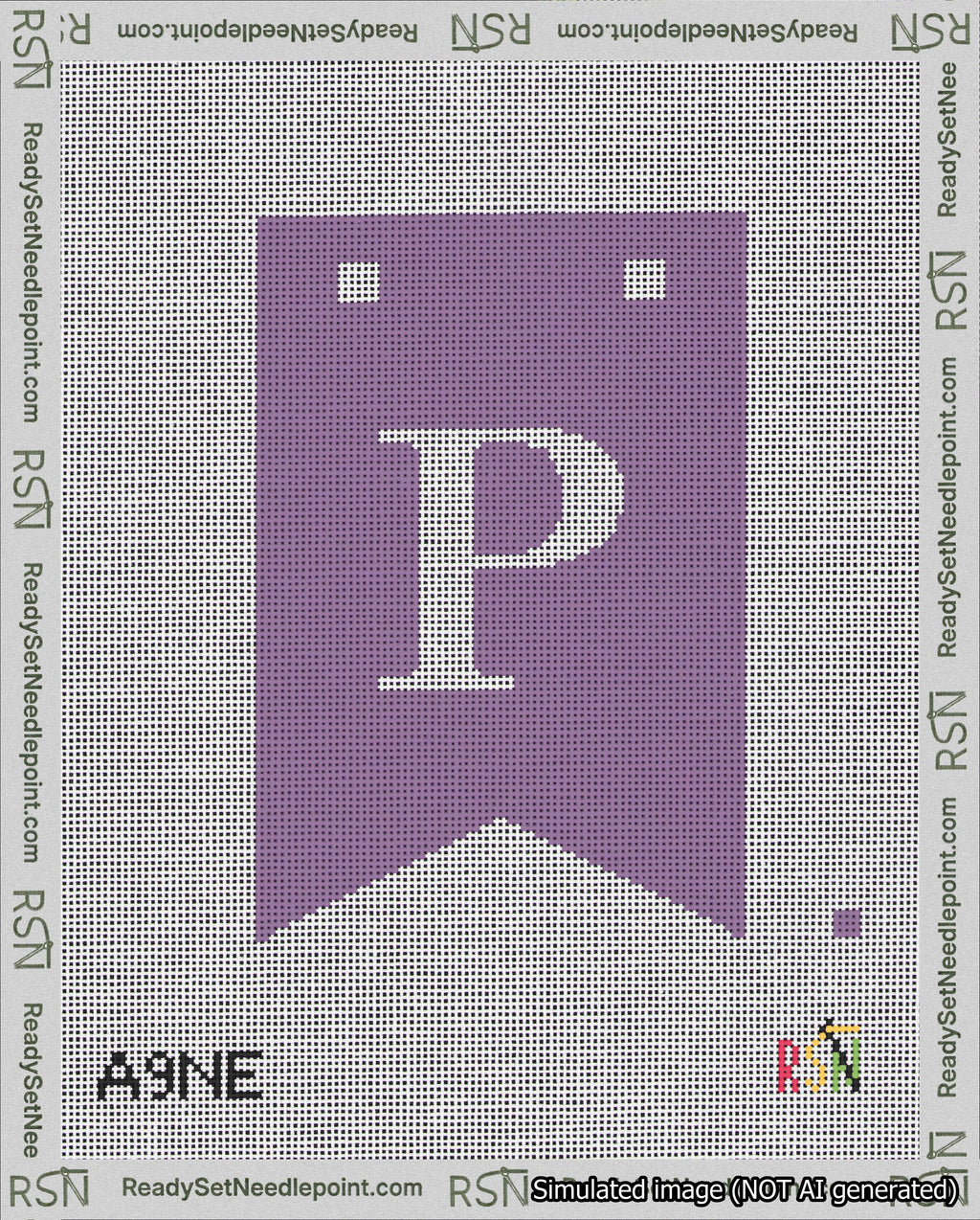 A taped needlepoint canvas with the design: Banner 18 mesh count Forked P White on Purple.