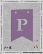A taped needlepoint canvas with the design: Banner 18 mesh count Forked P White on Purple.