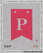 A taped needlepoint canvas with the design: Banner 18 mesh count Forked P White on Red.