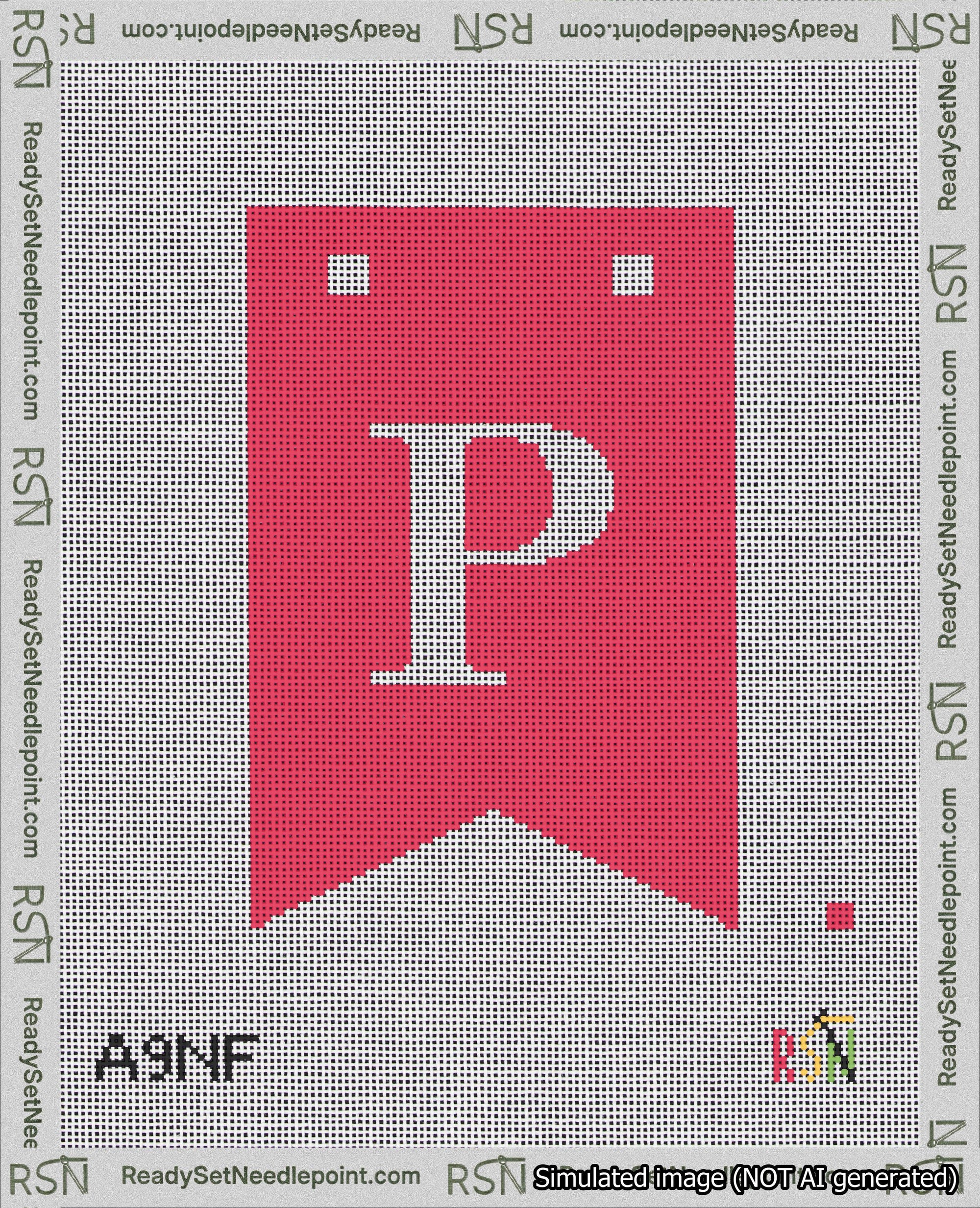 A taped needlepoint canvas with the design: Banner 18 mesh count Forked P White on Red.