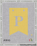 A taped needlepoint canvas with the design: Banner 18 mesh count Forked P White on Yellow.