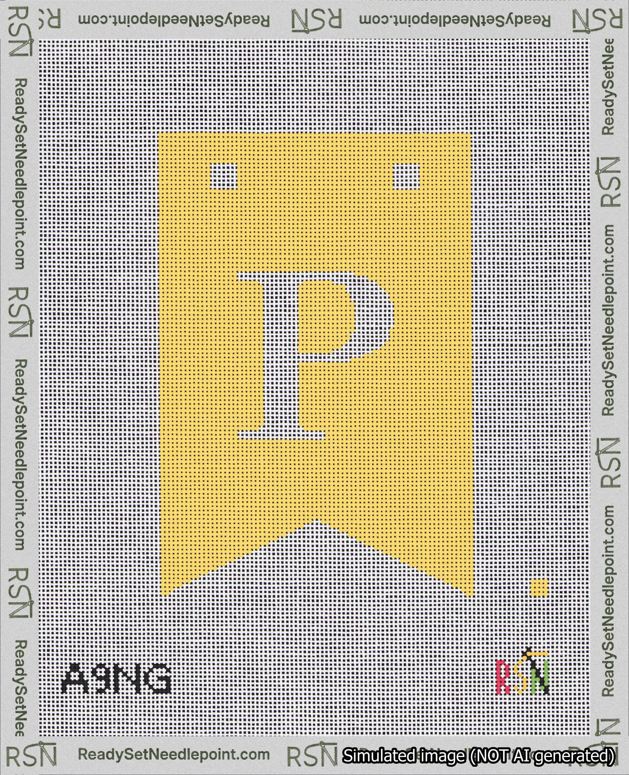 A taped needlepoint canvas with the design: Banner 18 mesh count Forked P White on Yellow.