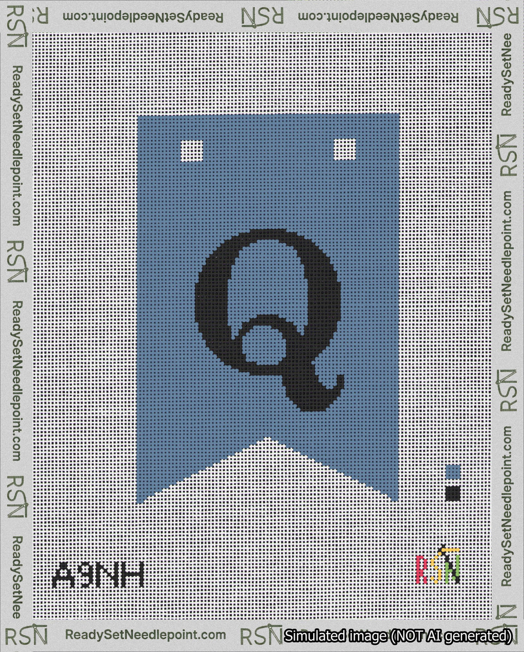 A taped needlepoint canvas with the design: Banner 18 mesh count Forked Q Black on Blue.
