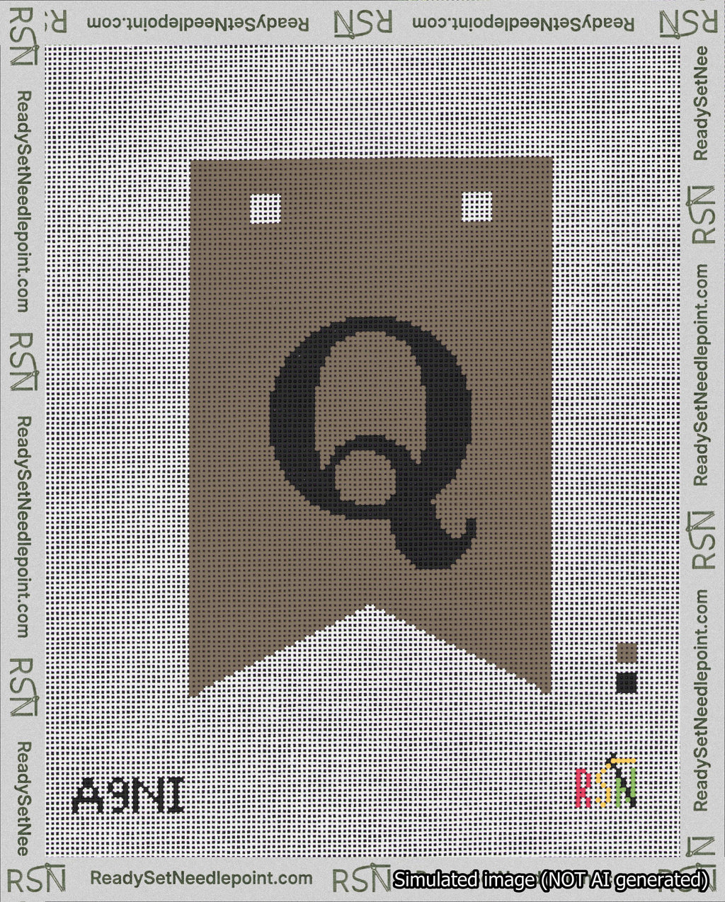 A taped needlepoint canvas with the design: Banner 18 mesh count Forked Q Black on Brown.
