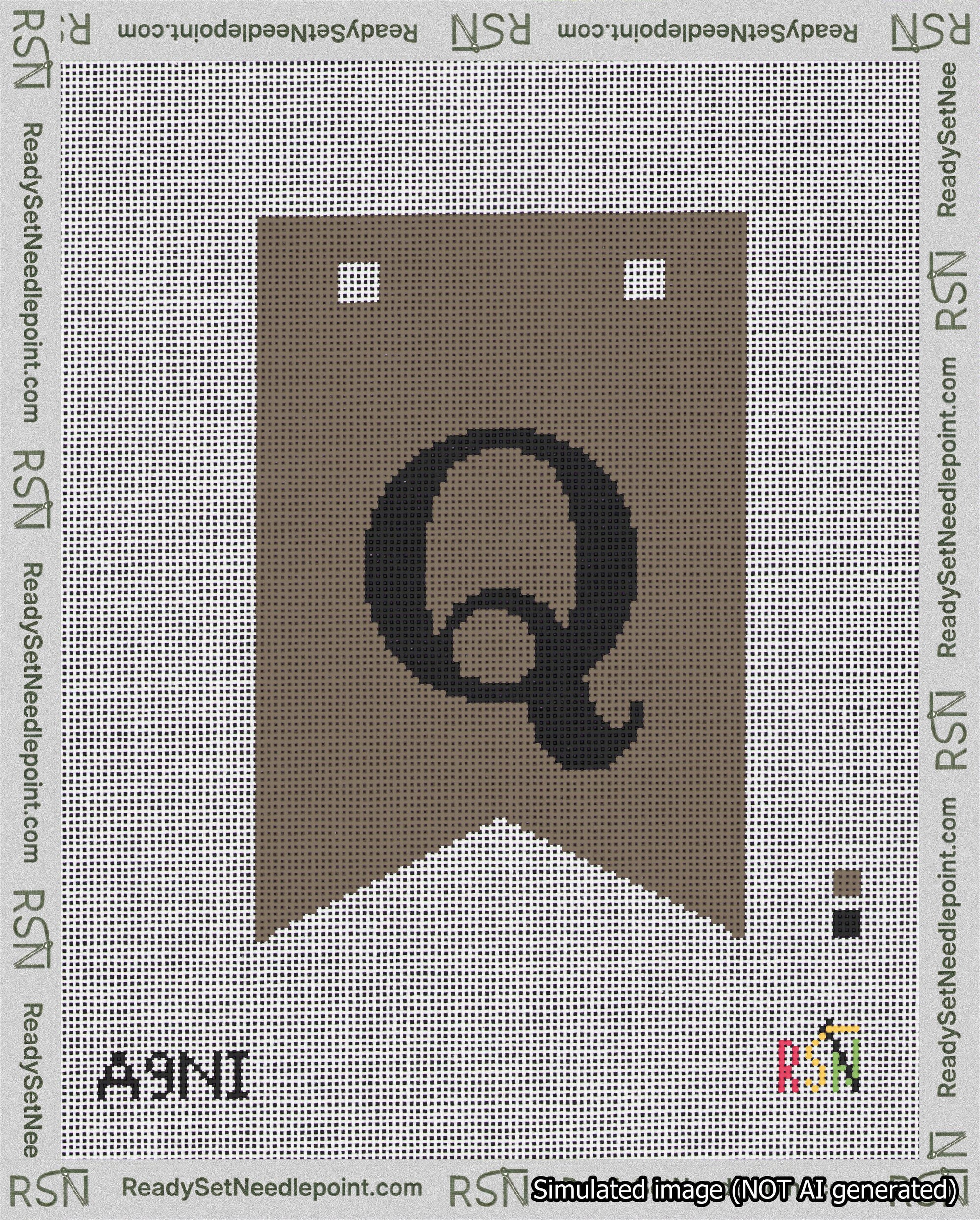A taped needlepoint canvas with the design: Banner 18 mesh count Forked Q Black on Brown.