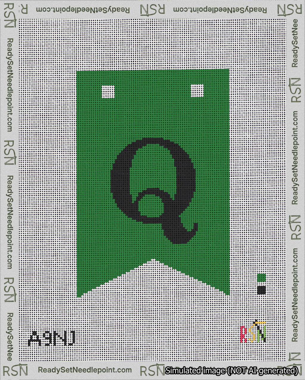 A taped needlepoint canvas with the design: Banner 18 mesh count Forked Q Black on Green.