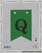A taped needlepoint canvas with the design: Banner 18 mesh count Forked Q Black on Green.