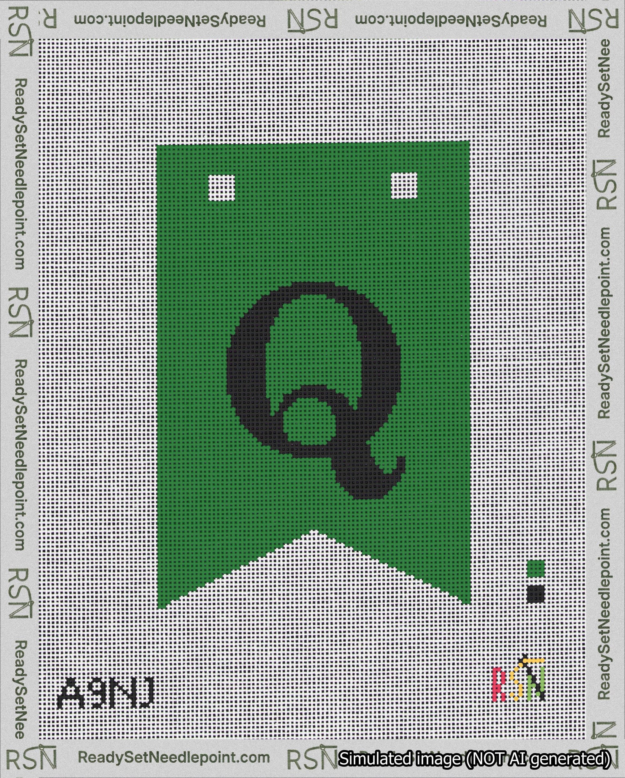 A taped needlepoint canvas with the design: Banner 18 mesh count Forked Q Black on Green.