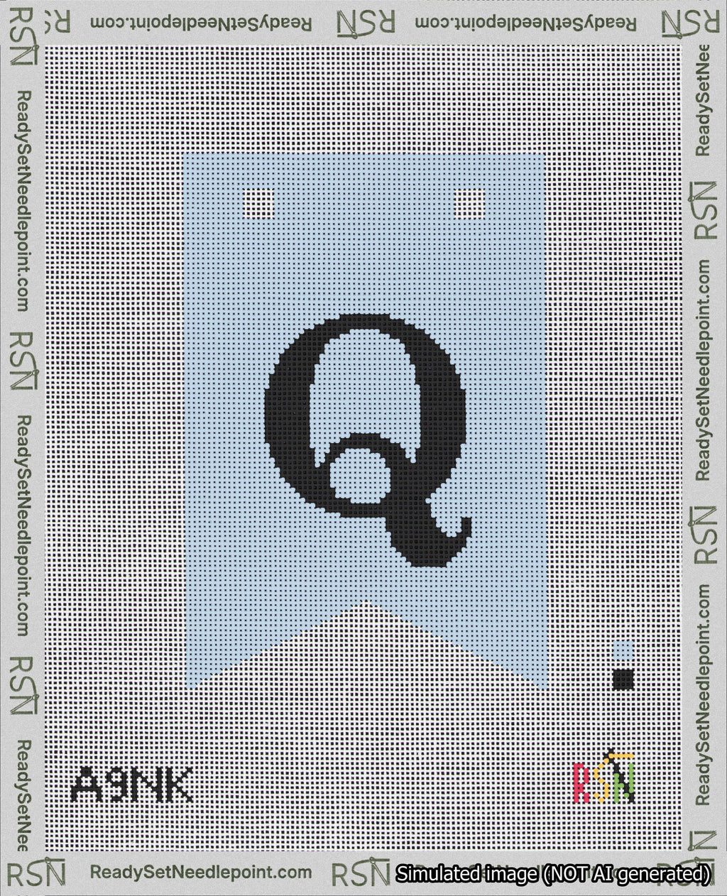 A taped needlepoint canvas with the design: Banner 18 mesh count Forked Q Black on Light Blue.