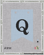 A taped needlepoint canvas with the design: Banner 18 mesh count Forked Q Black on Light Blue.