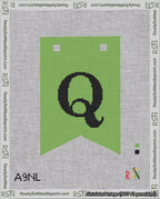 A taped needlepoint canvas with the design: Banner 18 mesh count Forked Q Black on Light Green.