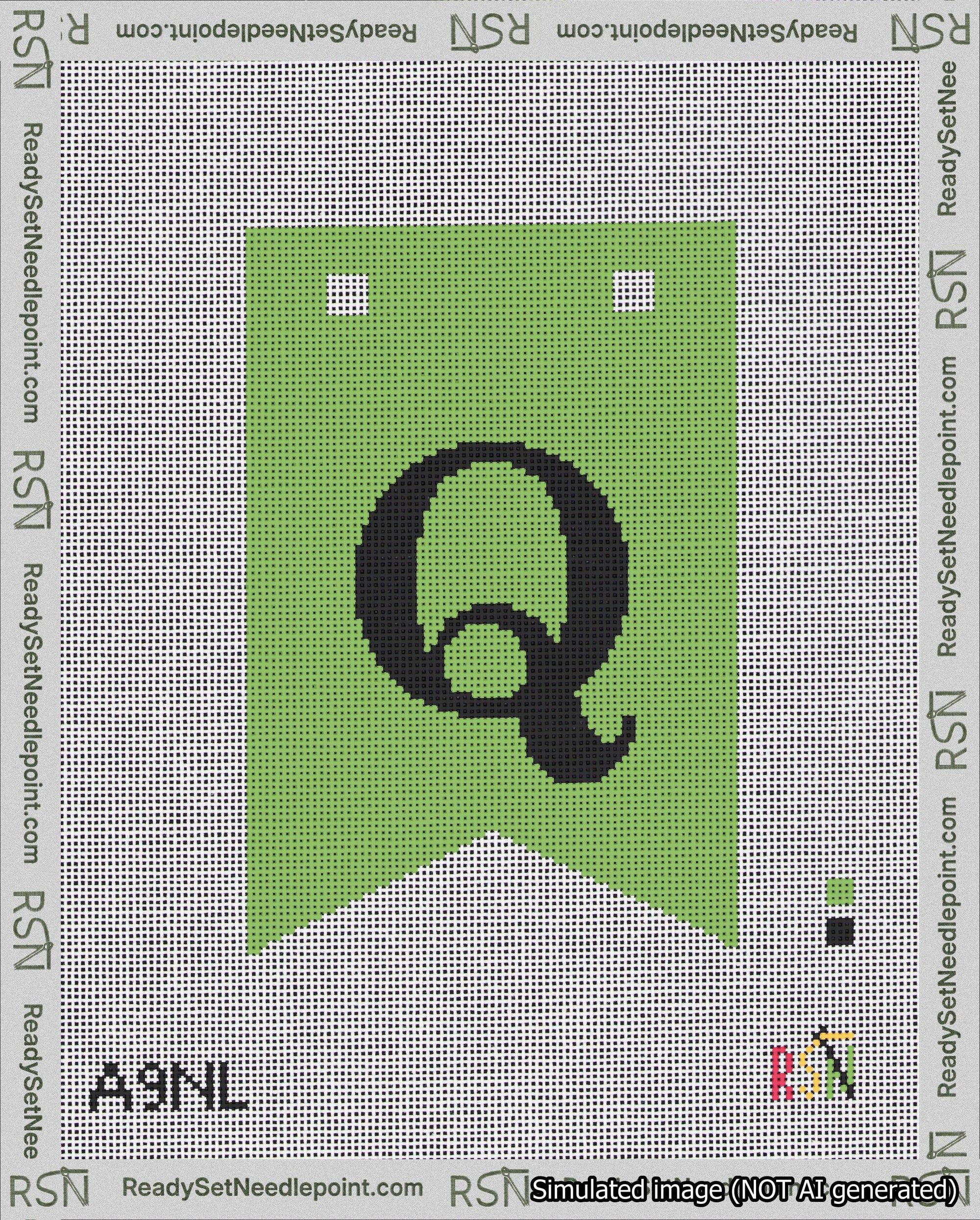 A taped needlepoint canvas with the design: Banner 18 mesh count Forked Q Black on Light Green.