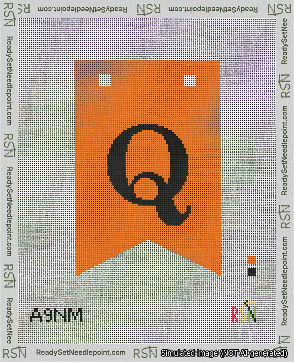 A taped needlepoint canvas with the design: Banner 18 mesh count Forked Q Black on Orange.