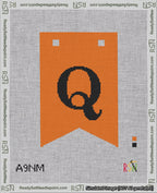 A taped needlepoint canvas with the design: Banner 18 mesh count Forked Q Black on Orange.
