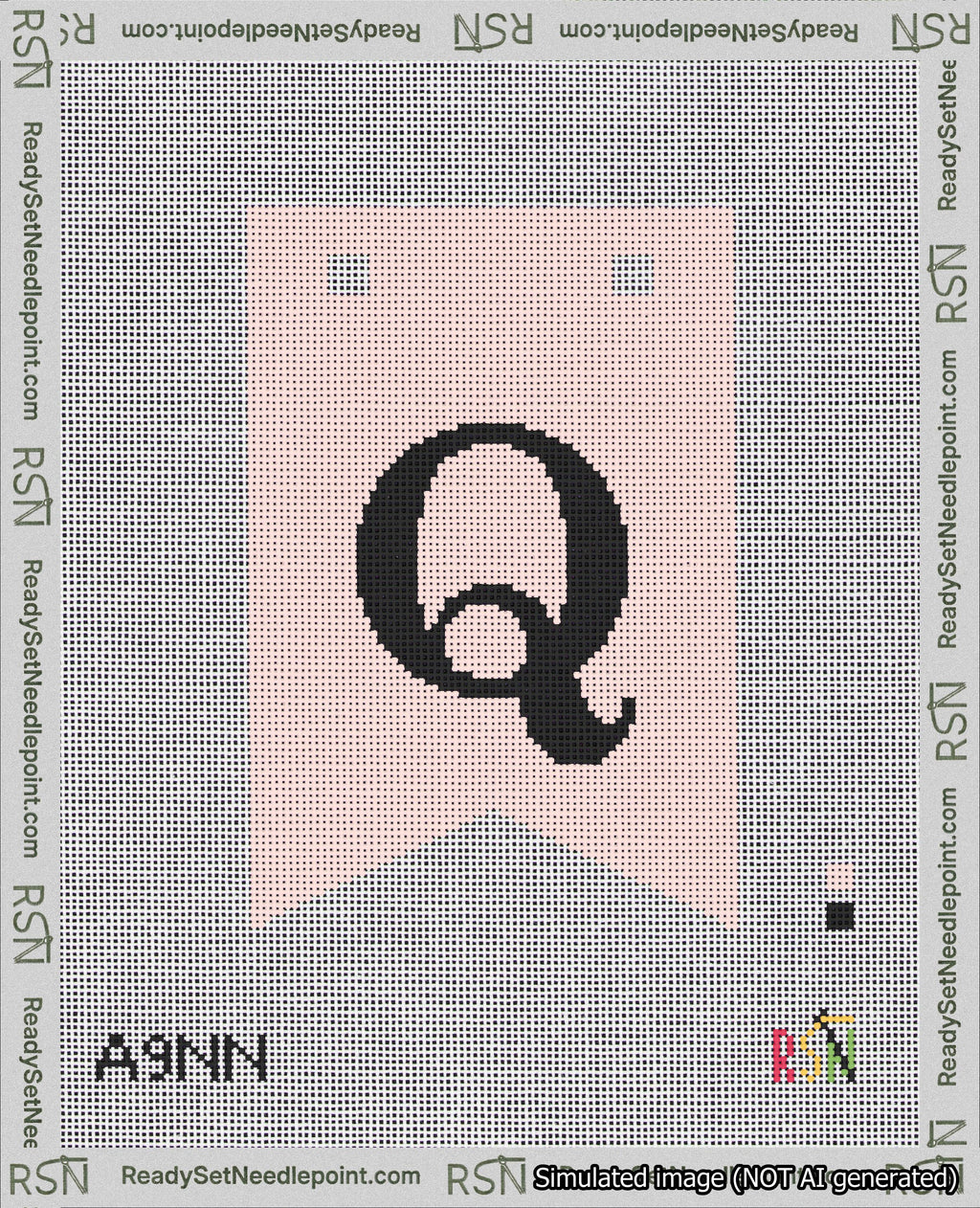 A taped needlepoint canvas with the design: Banner 18 mesh count Forked Q Black on Pink.