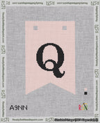 A taped needlepoint canvas with the design: Banner 18 mesh count Forked Q Black on Pink.