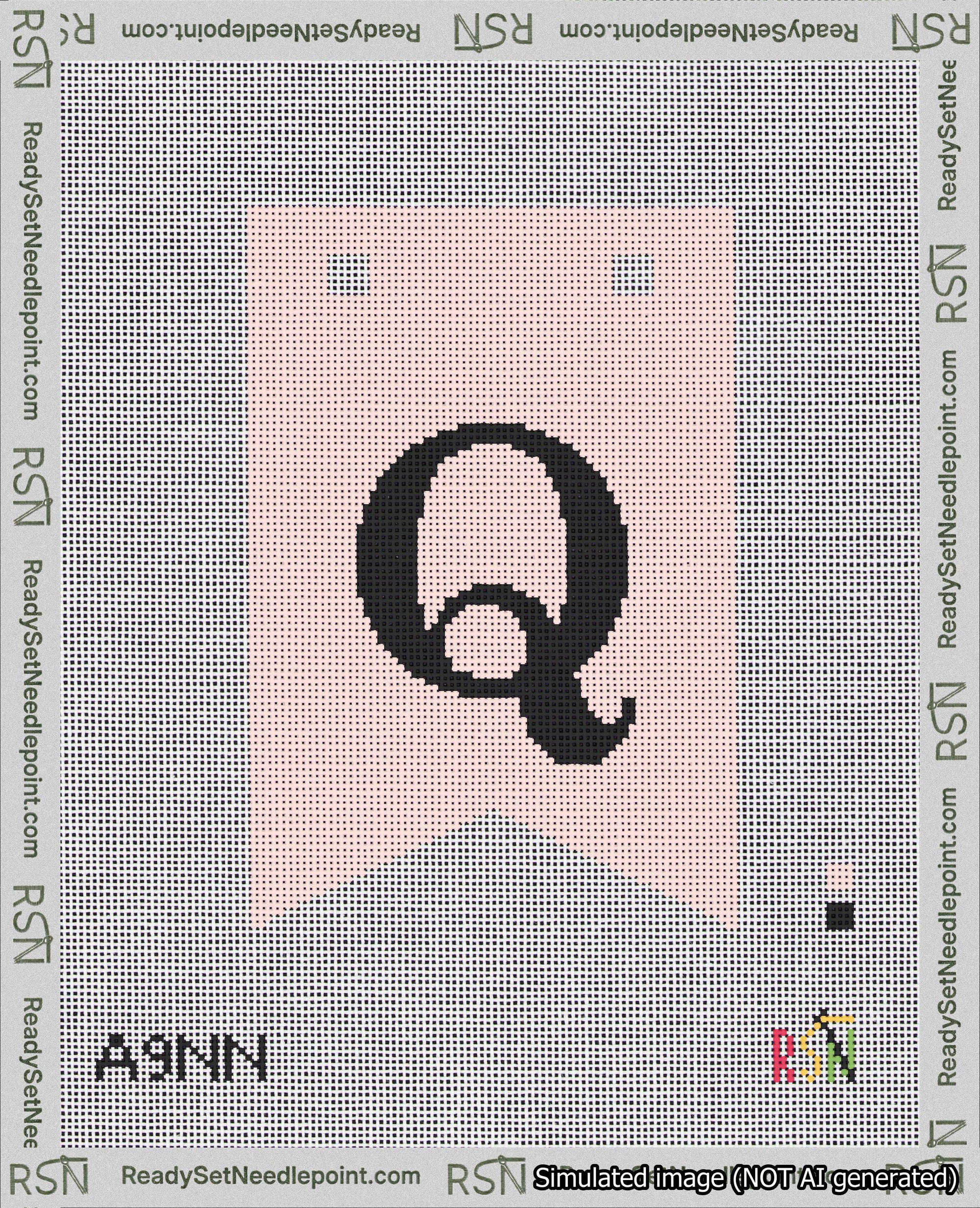 A taped needlepoint canvas with the design: Banner 18 mesh count Forked Q Black on Pink.