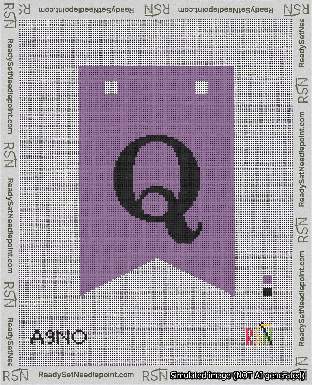 A taped needlepoint canvas with the design: Banner 18 mesh count Forked Q Black on Purple.