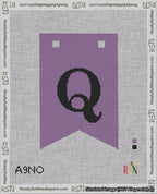 A taped needlepoint canvas with the design: Banner 18 mesh count Forked Q Black on Purple.