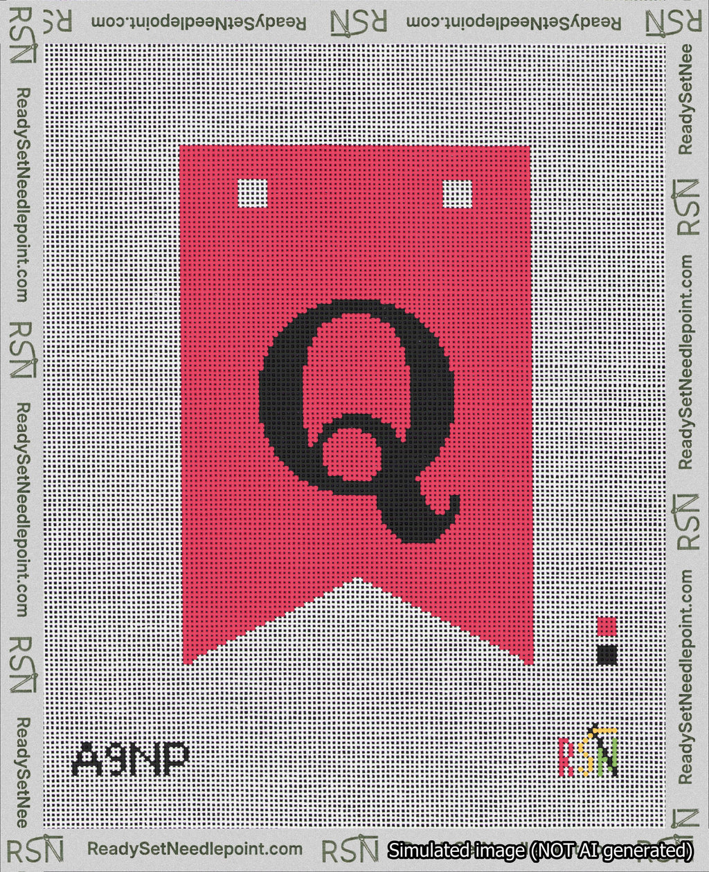 A taped needlepoint canvas with the design: Banner 18 mesh count Forked Q Black on Red.