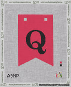 A taped needlepoint canvas with the design: Banner 18 mesh count Forked Q Black on Red.