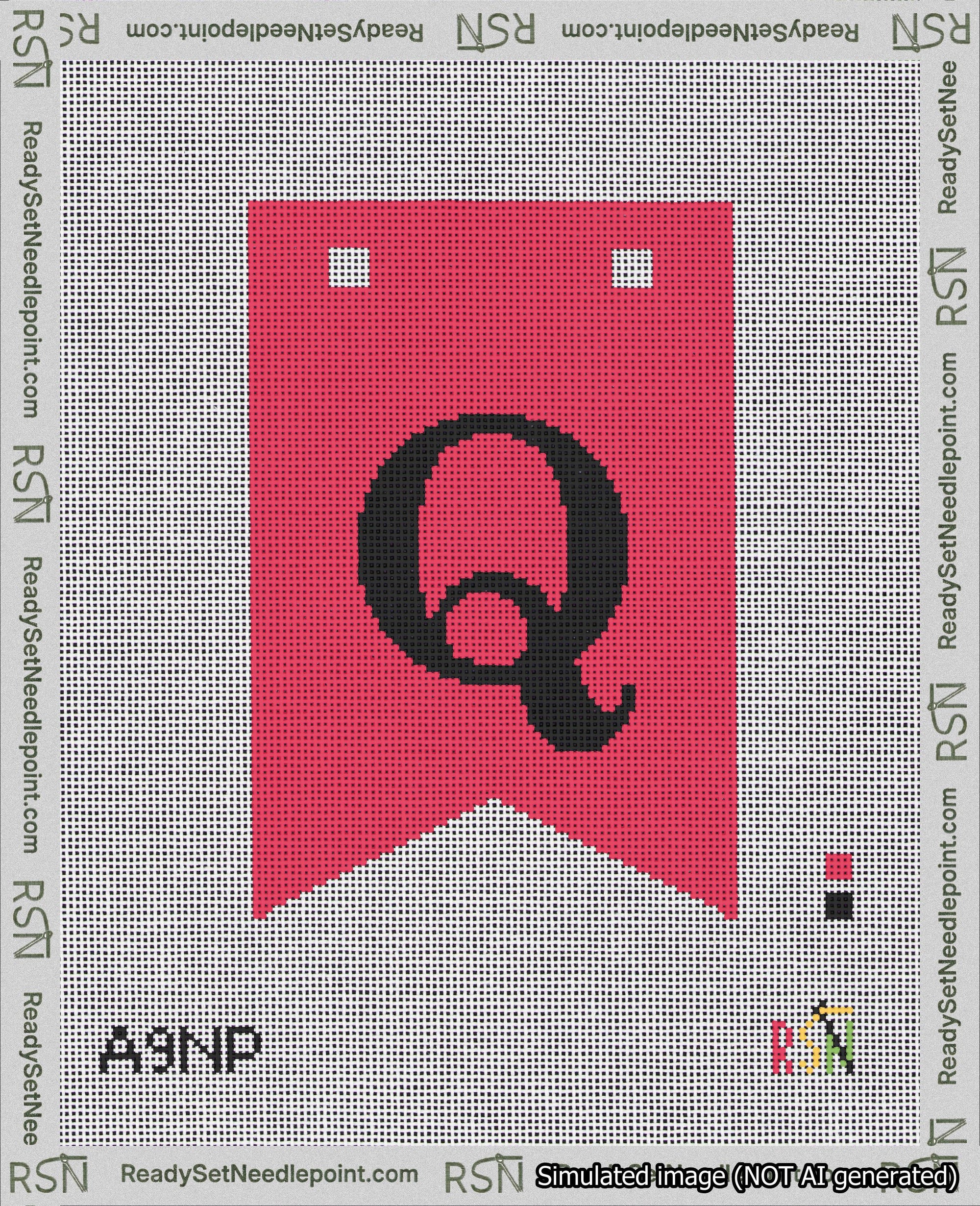 A taped needlepoint canvas with the design: Banner 18 mesh count Forked Q Black on Red.