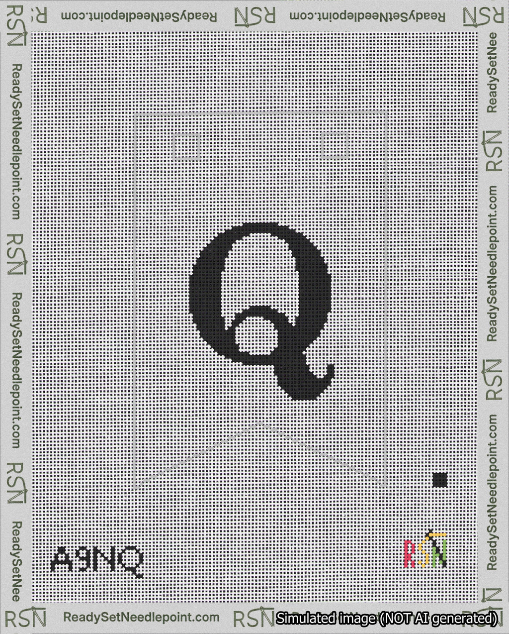 A taped needlepoint canvas with the design: Banner 18 mesh count Forked Q Black on White.