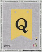 A taped needlepoint canvas with the design: Banner 18 mesh count Forked Q Black on Yellow.