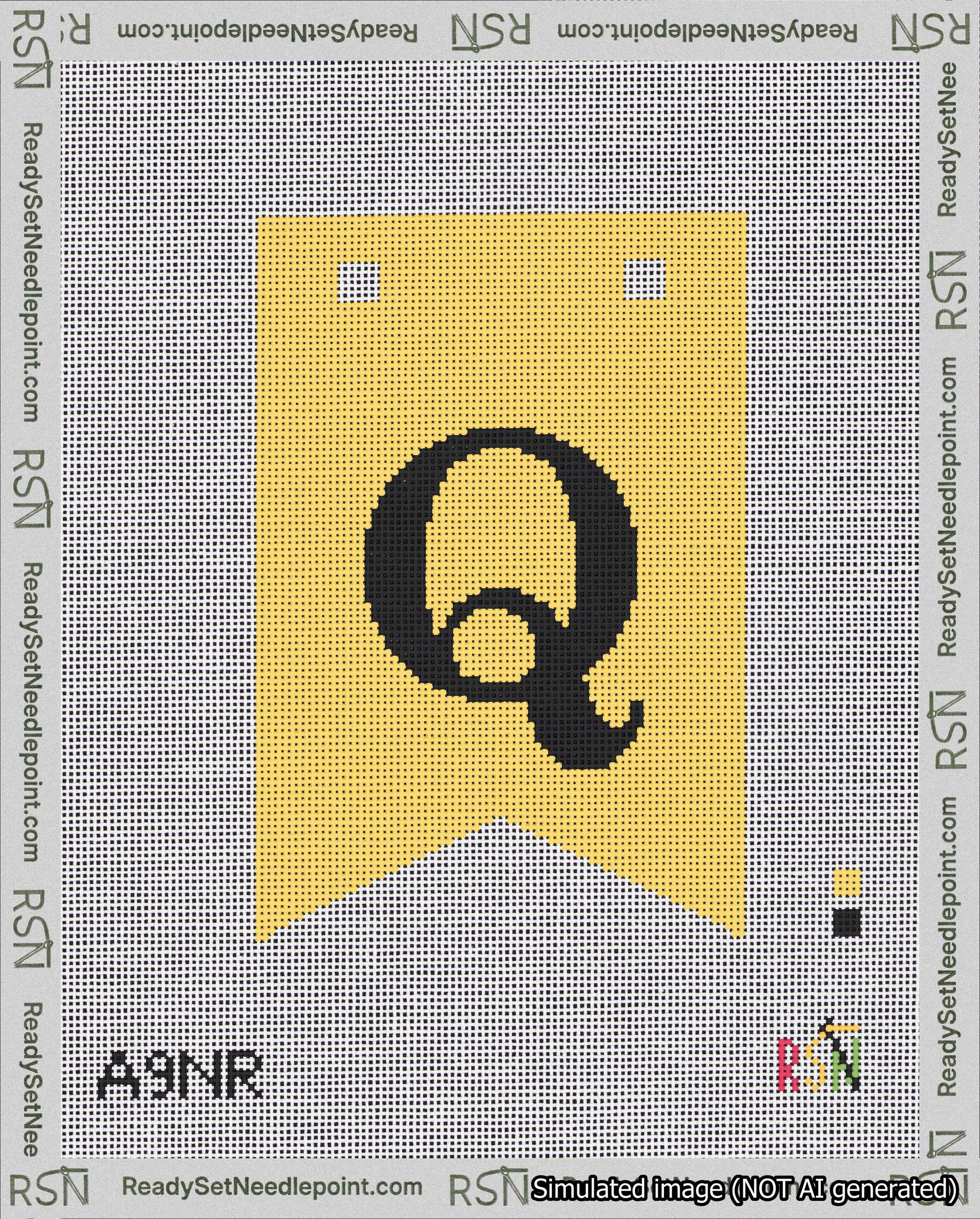A taped needlepoint canvas with the design: Banner 18 mesh count Forked Q Black on Yellow.