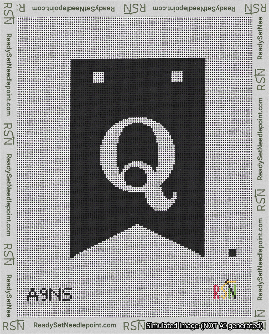 A taped needlepoint canvas with the design: Banner 18 mesh count Forked Q White on Black.