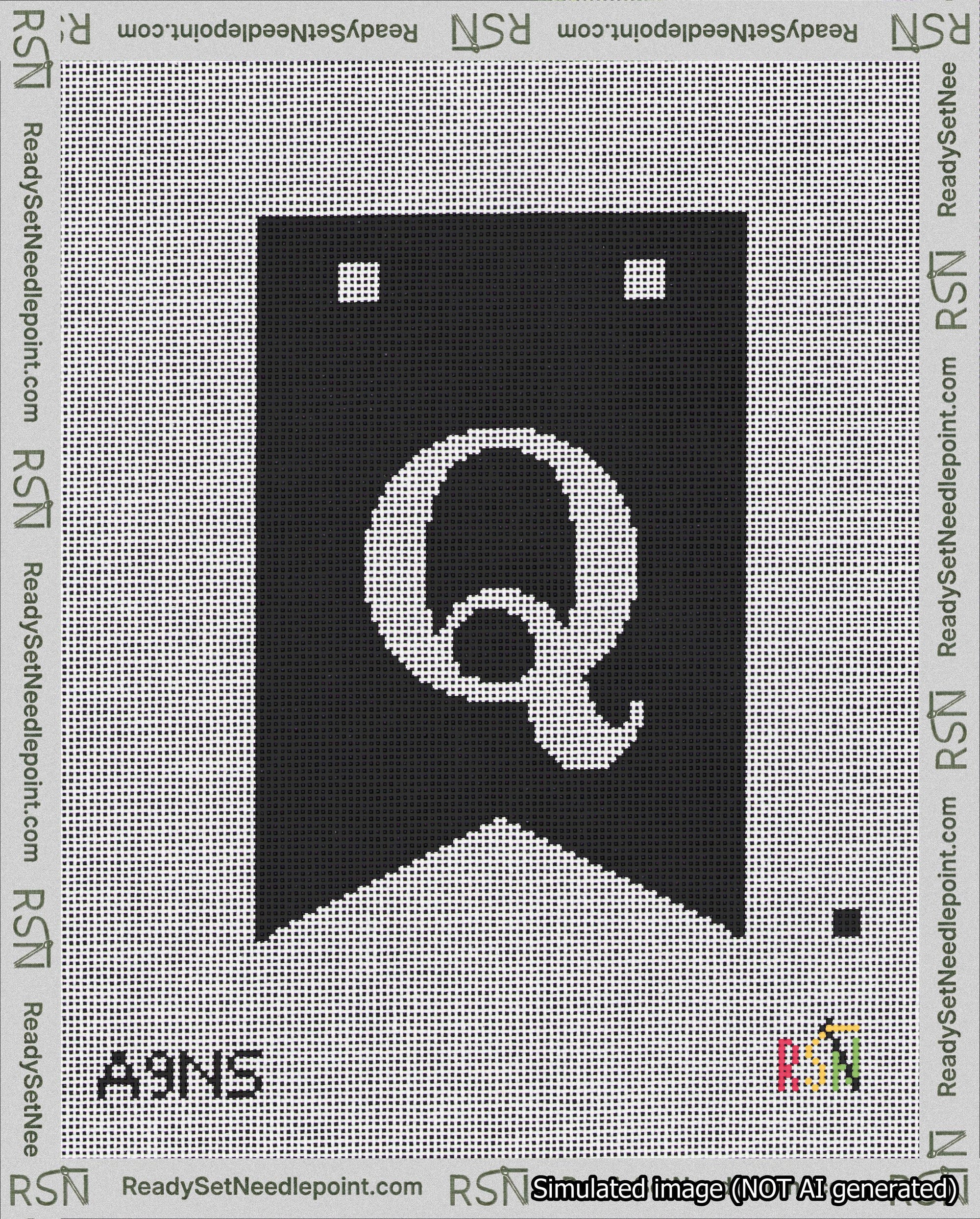 A taped needlepoint canvas with the design: Banner 18 mesh count Forked Q White on Black.