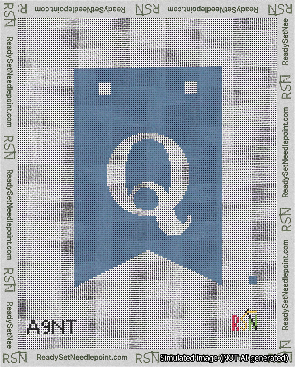 A taped needlepoint canvas with the design: Banner 18 mesh count Forked Q White on Blue.
