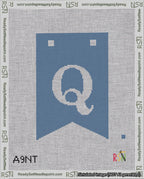A taped needlepoint canvas with the design: Banner 18 mesh count Forked Q White on Blue.
