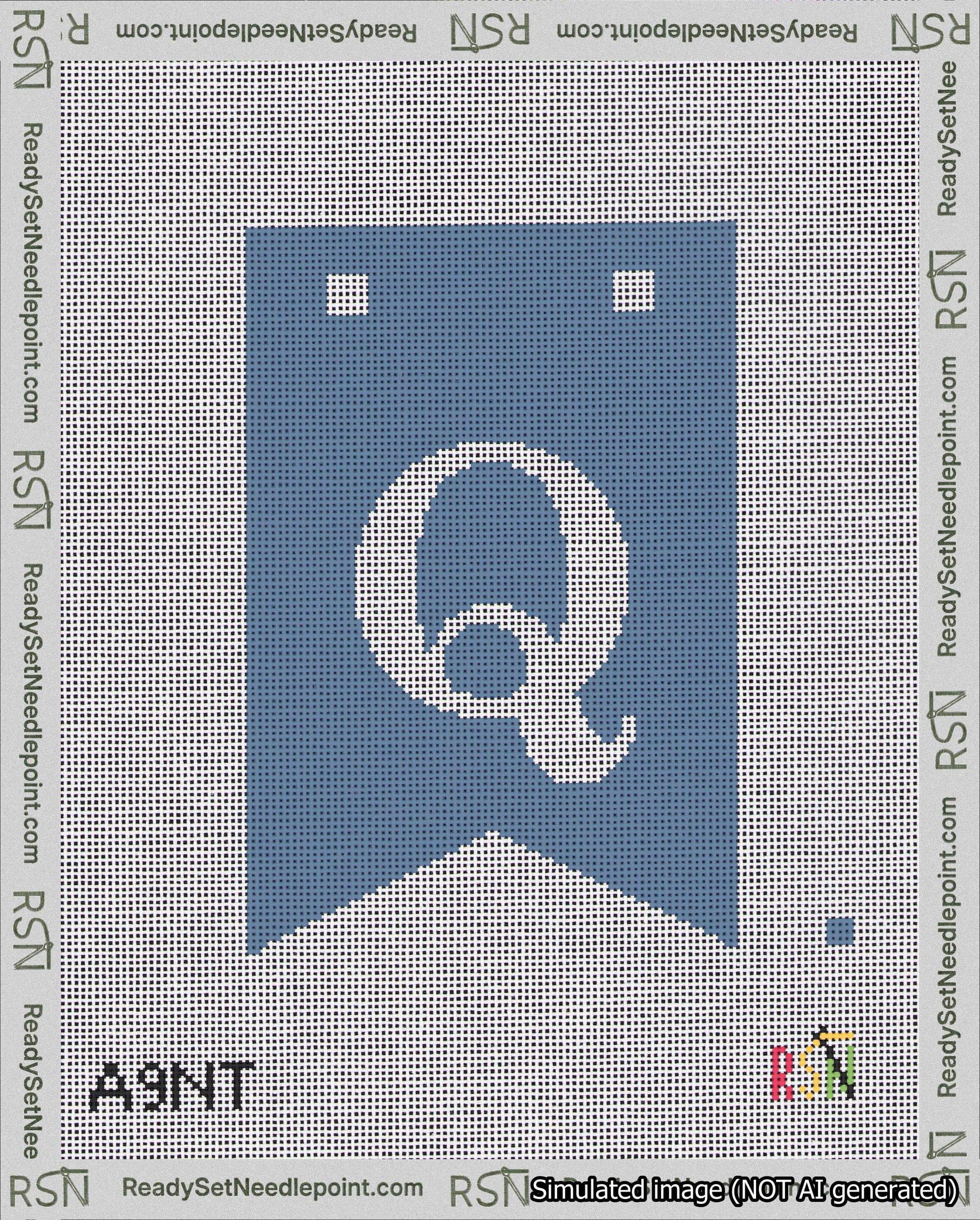 A taped needlepoint canvas with the design: Banner 18 mesh count Forked Q White on Blue.