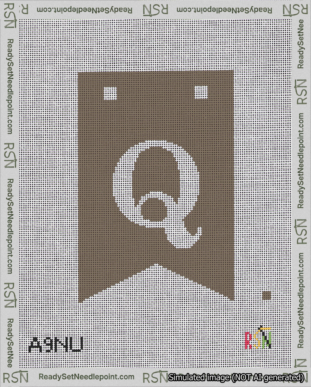 A taped needlepoint canvas with the design: Banner 18 mesh count Forked Q White on Brown.
