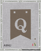A taped needlepoint canvas with the design: Banner 18 mesh count Forked Q White on Brown.