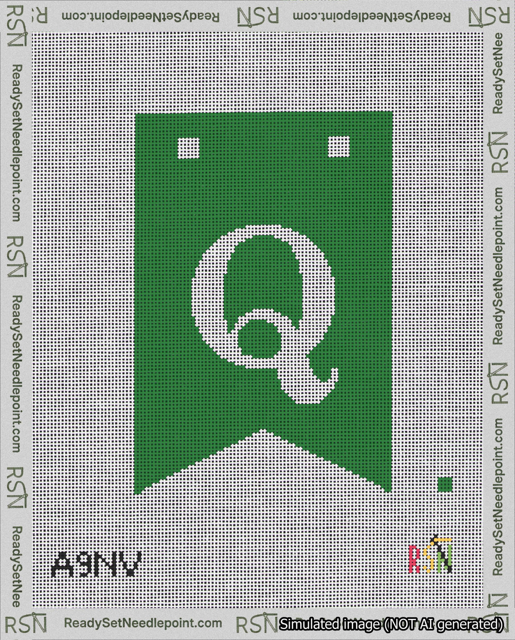 A taped needlepoint canvas with the design: Banner 18 mesh count Forked Q White on Green.