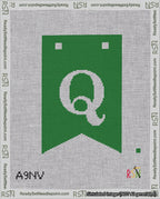 A taped needlepoint canvas with the design: Banner 18 mesh count Forked Q White on Green.