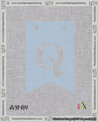 A taped needlepoint canvas with the design: Banner 18 mesh count Forked Q White on Light Blue.