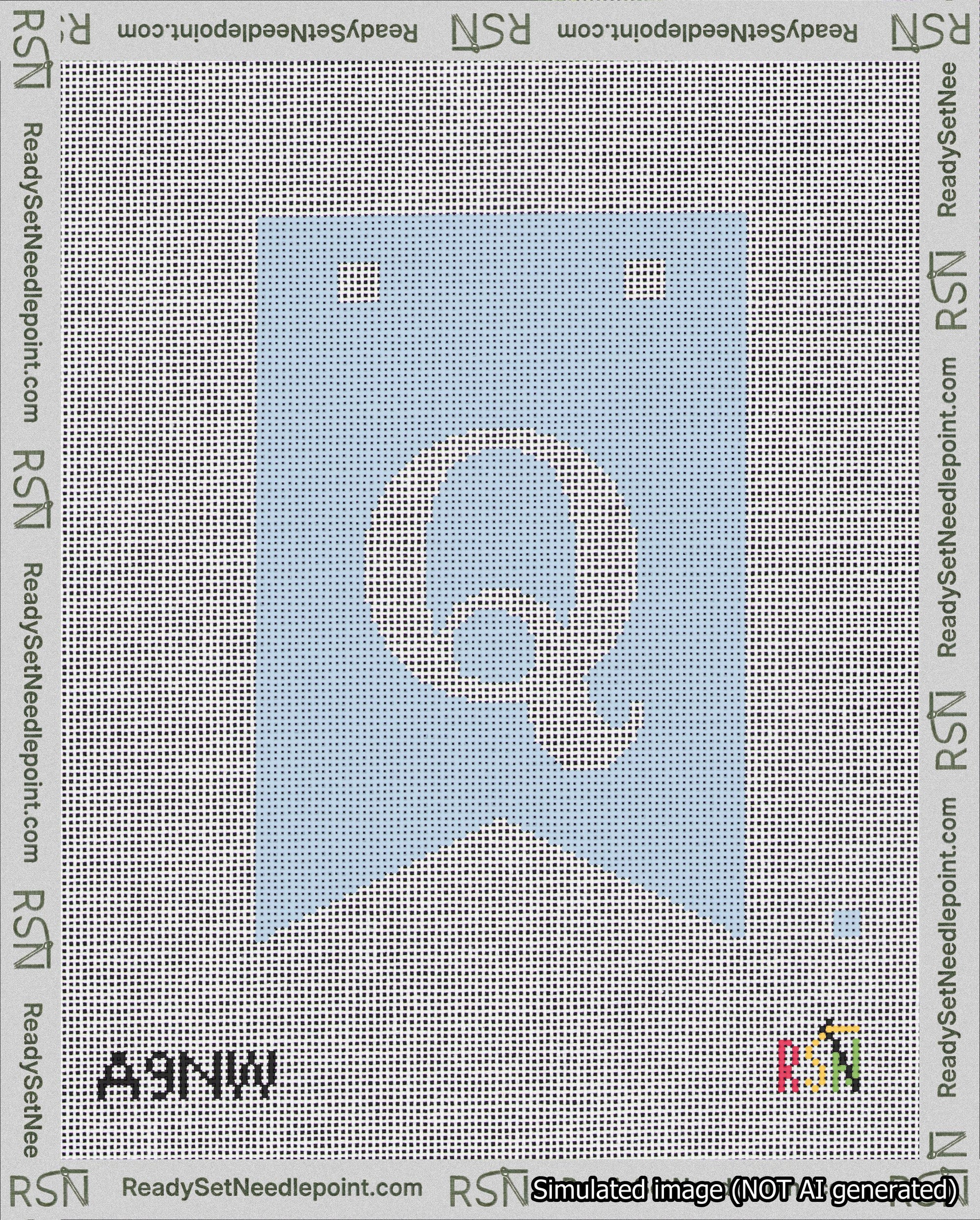 A taped needlepoint canvas with the design: Banner 18 mesh count Forked Q White on Light Blue.