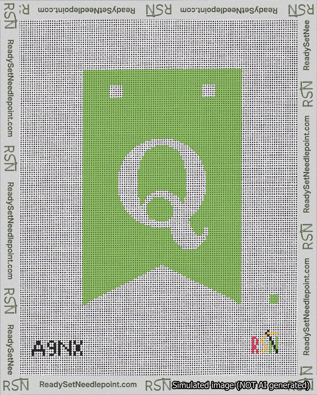 A taped needlepoint canvas with the design: Banner 18 mesh count Forked Q White on Light Green.