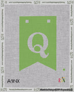 A taped needlepoint canvas with the design: Banner 18 mesh count Forked Q White on Light Green.