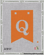 A taped needlepoint canvas with the design: Banner 18 mesh count Forked Q White on Orange.